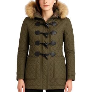 BURBERRY BRIT XS QUILTED BARREL COAT WITH HOOD & REMOVABLE RACCOON FUR TRIM